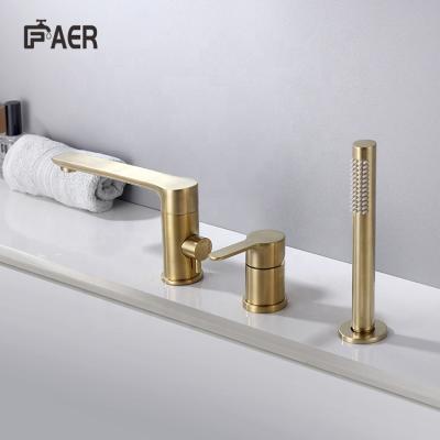 China Metered Faucets High Performance 3 Hole Copper Brushed Bathroom Bathtub Water Mixer Tap Hot Cold Gold Faucet for sale