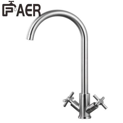 China Metered Faucets Direct Selling 304 Brushed Stainless Steel Chrome Hot Cold Double Lever Kitchen Sink Faucet for sale