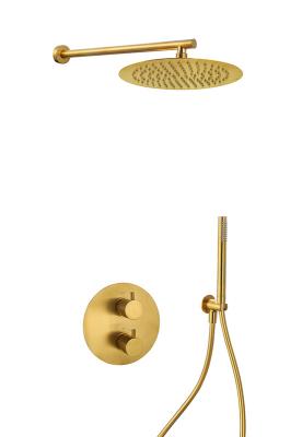 Cina Concealed in wall thermostaic temperature rainshowe handshower mixer brushed golden brass faucet OEM round classical in vendita