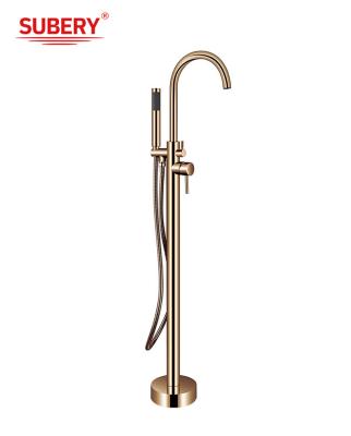 China OEM Single Lever Free Standing Tub Faucet Floor Mount With Diverter Rose Golden Brass for sale