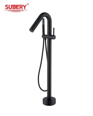 China Single Lever Floor Mounted Freestanding Bathtub Faucets With Diverter Matt Black Brass OEM for sale