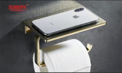 China Portapapel de baño de zinc montado en la pared portapapel de tejido portapapel de rollo color dorado con estante de teléfono móvil en venta