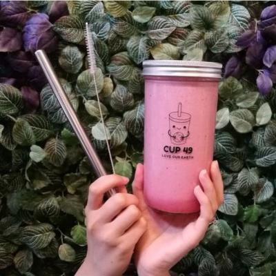 China 16OZ Reusable Bubble Tea Cup Smoothies Cup Glass Tumbler With Bamboo/Aluminum Lid Glass Empty Boba Tea Cup with Straw en venta