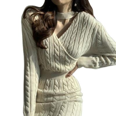 China Breathable Turtle Neck Stretch Midi Dress American Long Sleeve Knitted Sweater European for sale