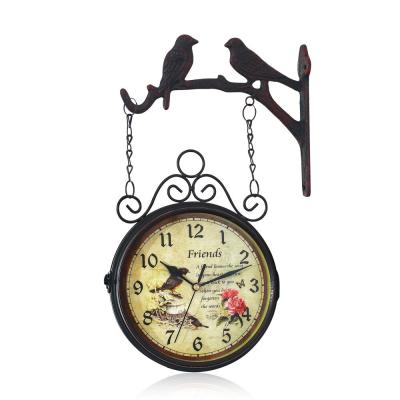 China Antique Retro Handmade Bird Metal Style Outdoor Double Sided Wall Clock For Garden Decoration for sale