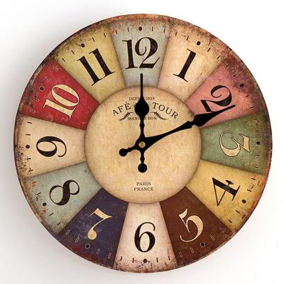 China Antique Style Promo Country Style Cheap Vintage French MDF Around Creative Wooden Wall Clock Home Decor for sale