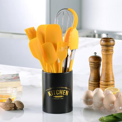 China New Viable Yellow 9 PCs Brush Mixer Multifunctional Food Tongs Spatula Kitchen Tools Silicone Baking Cooking Tools Utensil Set for sale