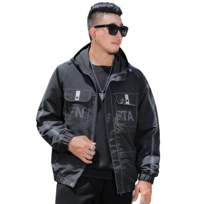 China Big and Tall Men's Double Pocket Hooded Men's Viable Jacket Plus Size Black Zipper Loose Casual Jacket for sale