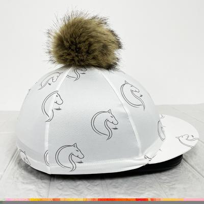 China Equestrian Riding Rider Digitally Printed Polyester Spandex Pompom Pom Pom Horse Racing Helmet Cover Hat Cover for sale