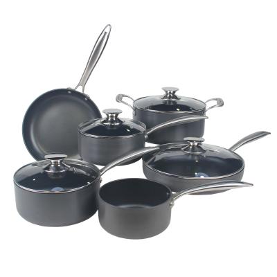 China 10 pcs hard anodised cookware set frying pan pans kitchenware soup pots with stainless steel handle for sale