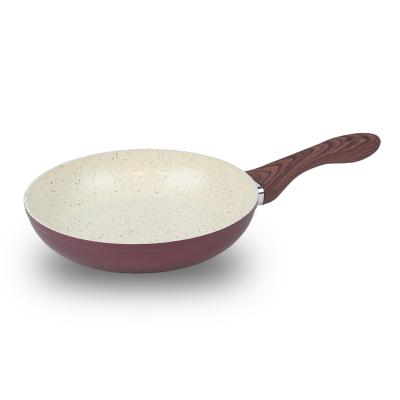 China Colorful Kitcheware Frying Pan Nonstick Cookware Aluminum Pan With Soft Touch Wooden Handle for sale