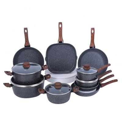 China 2022 Sustainable Wholesale Non Stick Granite Coating Aluminum Pot Pan Cookware Sets Home Kitchen With Wood Handle for sale