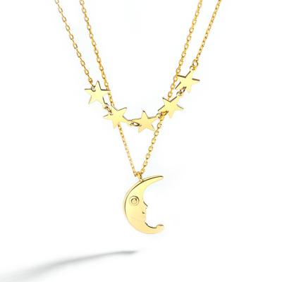 China Trendy Choker Necklaces 925 Charm Moon Star Choker Necklaces Latest Silver Gold Plated Double Layer Necklace For Women for sale