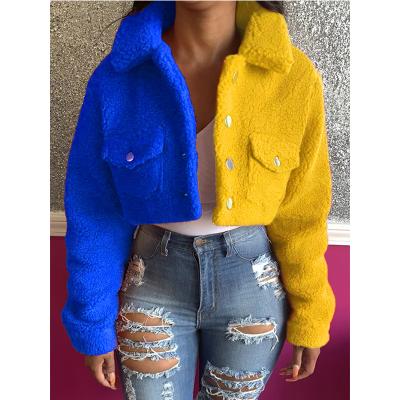 China Breathable Color Block Blue Yellow Color Block Spliced ​​Crop Jackets Women Casual Turn Down Collar Long Sleeve Coat Autumn Winter Button Pockets Outwears for sale