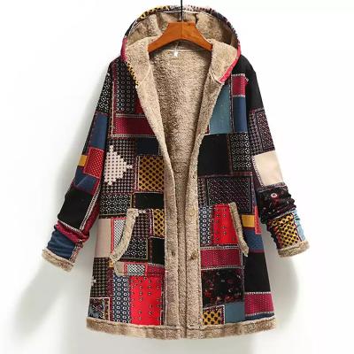 China 2021 Winter Vintage Breathable Women Coat Thick Fleece Warm Printing Hooded Jackets Long Pockets Ladies Outwear Loose Coat For Women for sale