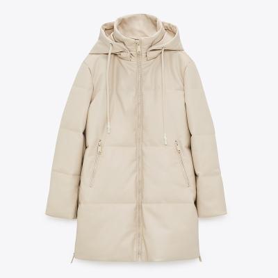 China Loose Hooded Women Parkas Breathable Ladies Fashion Beige PU Leather Women Coats Side Zipper Long Cotton Jackets Ladies for sale