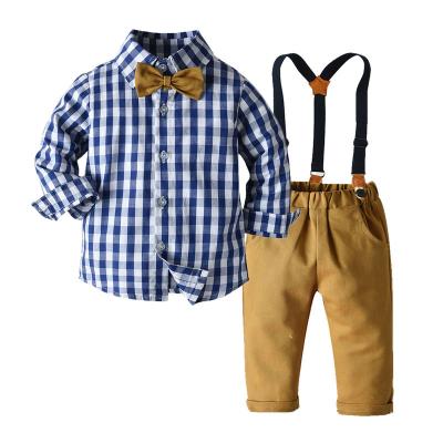 China Boys Clothing Sets Autumn New Kids Boys Long Sleeve Casual Plaid Bowtie Tops +Suspender Pants Sportswear Equipment for sale