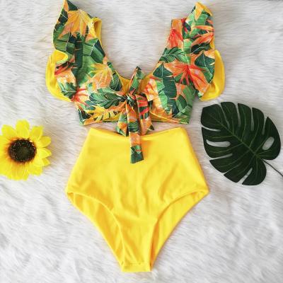 China 2021 Amazon Breathable Hot Sale Wholesale Size Ruffle Bathers High Waist Swimwear Floral Print Bathing Suits Plus Size for sale