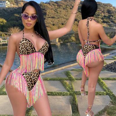 China Women's Breathable 2 Piece Leopard Print Bikini Strap Fringe Swimsuit High Waist Swimsuit Set Fashionable Swimwear For Women 2021 Plus Size for sale