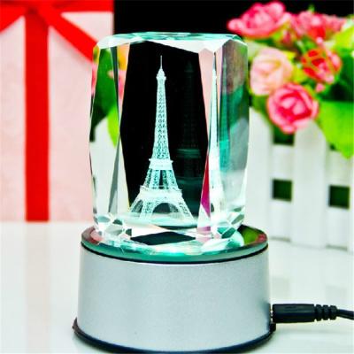 China Europe Paris Eiffel Tower 3d Laser Engraved Crystal Cube For Souvenir Gift Holiday Favors for sale