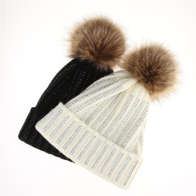 China Hand-Warm Lady Diamond Knit Character Hat Winter Hat Keep Warm Raccoon Dog Wool Hat for sale