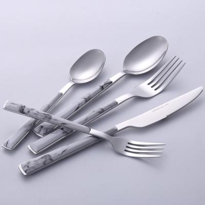 China Viable Wholesale Marble Plastic Handle Stainless Steel Cutlery Set Spoon Knife Knife Fork Spoon Reusable Flatware Set for sale