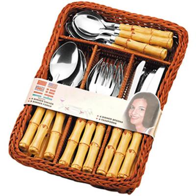 China Viable Wholesale Food Grade Stainless Steel Plastic Cutlery Set Wooden Bamboo Cutlery Handle Dinner Knife Fork Dessert Spoon Flatware Set for sale