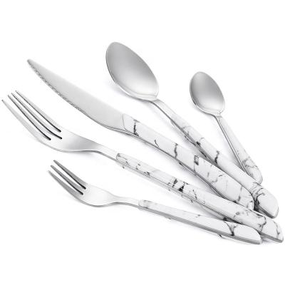 China Viable Maker Marble Plastic Handle Cutlery Spoon Fork Knife Teaspoon Set Camping Portable Stainless Steel Flatware for sale