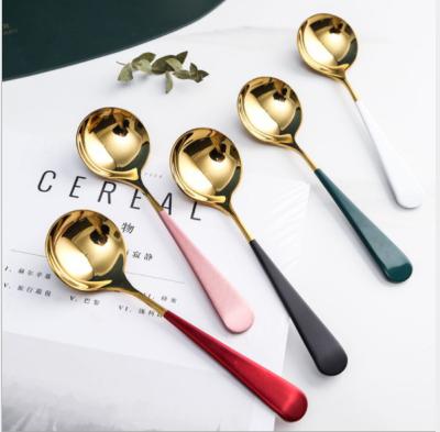 China Viable Wholesale Colored Round Colorful Small Handle Fashion Stainless Steel Korean Style Spoon for sale