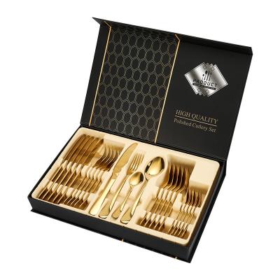 China Viable High Quality Spoon Fork Knife Flatware Set Stainless Steel Cutlery 24pcs Set With Luxury Wedding Gift Box for sale