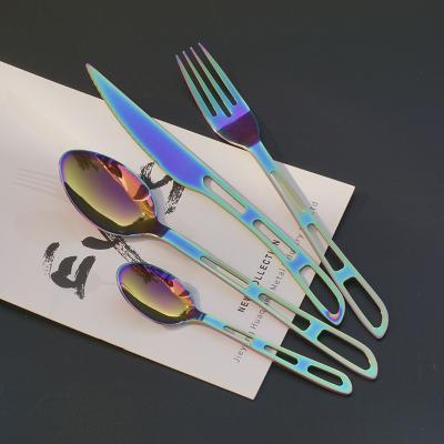 China Viable Wholesale Color Rainbow Stainless Steel Cutlery Set Single Reusable Silverware Spoon Fork Knife With Stand Gift Set for sale