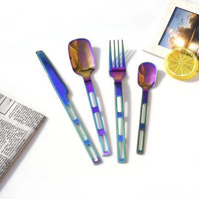 China Sustainable 24 Piece Rainbow Color Stainless Steel Spoons And Fork Knives Custom Unique Cutlery Set With Metal Holder for sale