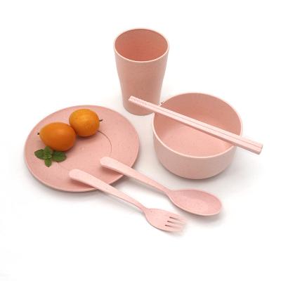 China Sustainable Reusable Camping Biodegradable 6pcs in 1 Box Straw Fork Spoon Cup Box Case Set Tableware Dish Bowl Chopsticks Wheat Box for sale