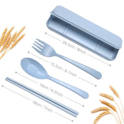 China Viable Wheat Straw Portable Reusable 3 Pcs Dinnerware Sets Travel Wheat Straw Cutlery Adults Kids Natural Kitchen Utensils for sale