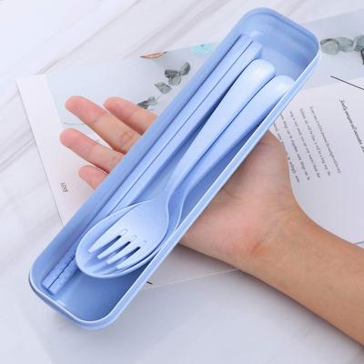 China Disposable Reusable Plastic Portable Flatware Fork And Spoon Chopsticks Travel Cutlery Set Biodegradable Wheat Straw With Case for sale