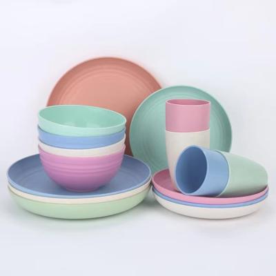 China Wholesale Sustainable Eco-Friendly Wheat Straw Tableware Case Set Children Tableware Set Bowl Dish Cup 16pcs Fiber for sale