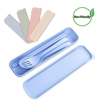 China Travel Wheat Straw Cutlery Set Fork Chopsticks Disposable Eco-Friendly Portable Plastic Reusable Spoon Camping Tableware for sale