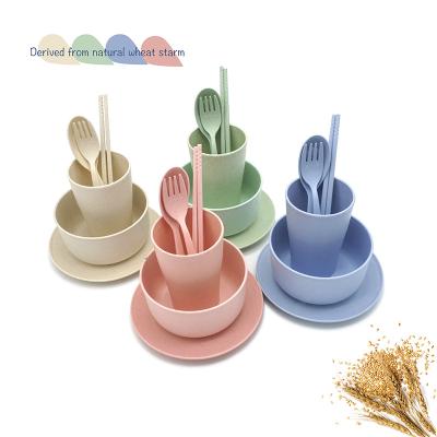 China Viable Factory Direct BPA Free Kids Tableware Set 6pcs Biodegradable Wheat Straw Fiber Cutlery With Bowl Fork Spoon Cup for sale