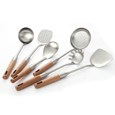 China Sustainable Wooden Handle Stainless Steel Kitchen Accessories Utensil Cooking Set With Spoon Turner Spatula For Home Supermarket for sale