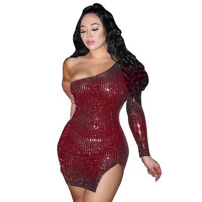 China Soft Top Quality Side Split One-Shoulder Red Short Woman Mini Party Dress for sale