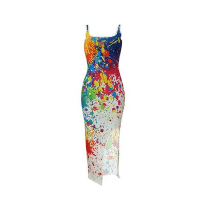 China Polyester Washable Breathable Floor Length Women Ink Printed Casual Dresses for sale