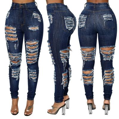 China High Waist Women Dark Blue Jeans Wholesale Viable Ladies Jean Women Destroyed Skinny Denim Pants for sale