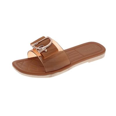 China 2021 Fashion Trend New Square Buckle Slippers Summer Ladies Wear All-match Fashion Korean Sandals Bottoms Beach Casual Slippers for sale