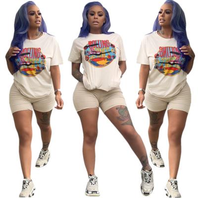 China 2021 Plus Size New Arrival Spring Summer Ladies Two Piece Set Short Sleeve Printed Solid Color Women Clothing 2 Piece Set for sale