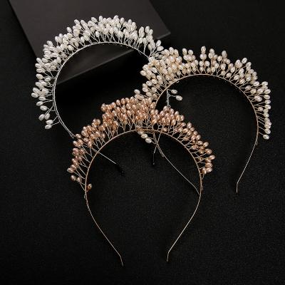 China Hair jEWELTY Handmade Flower Beads Hair Band White Cable Beads Bride Headband For Wedding Hair Accessories for sale