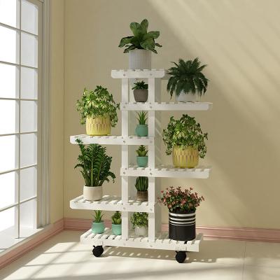 China 6 Tier Modern Wooden Root Plant Stand Flower Rack Plant Rack Storage Indoor Outdoor Wheeled Serving Shelf for sale