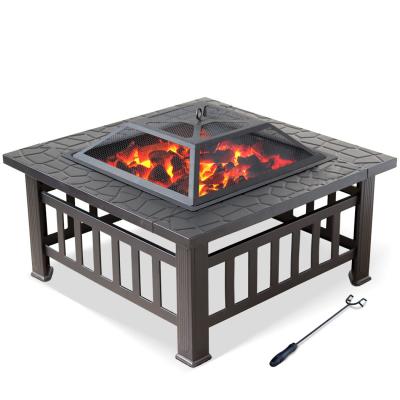 China Firepit Modern BBQ Designs Outdoor Wood Burning Stoves GRILL Pit Bonfire with Screen and Spark Chimney Poker Patio Grill for sale