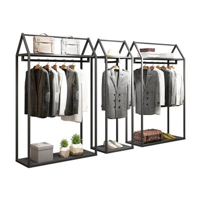 China Custom Metal Stainless Steel Man Clothes Black Stainless Steel Men's Shop Garment Display Rack Series Boutique Metal Clothing Display Rack Set for sale