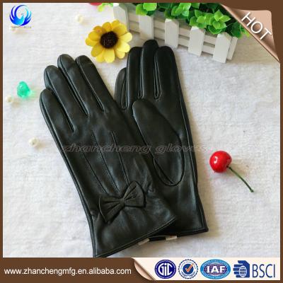 China Fashion Women Winter Goat Skin Cheap High Quality Leather Gloves With Bowknot In The Back for sale