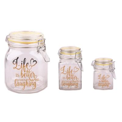 China Glass Freshness Preservation Square Candy Cookie Storage Jars With Gold Decal And Glass Clip Top for sale